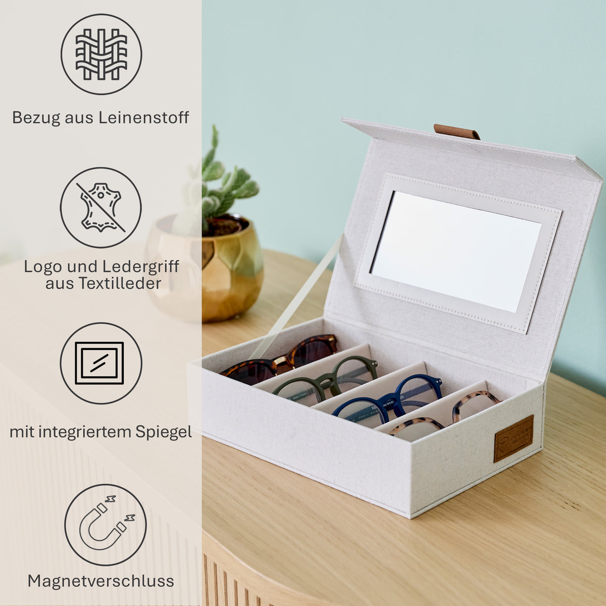 Brillenbox mit Spiegel, 4 Fächer – PREMIUM NATUR