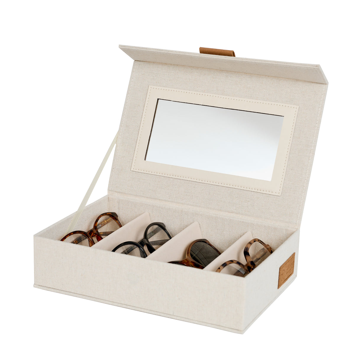 Brillenbox mit Spiegel, 4 Fächer – PREMIUM NATUR