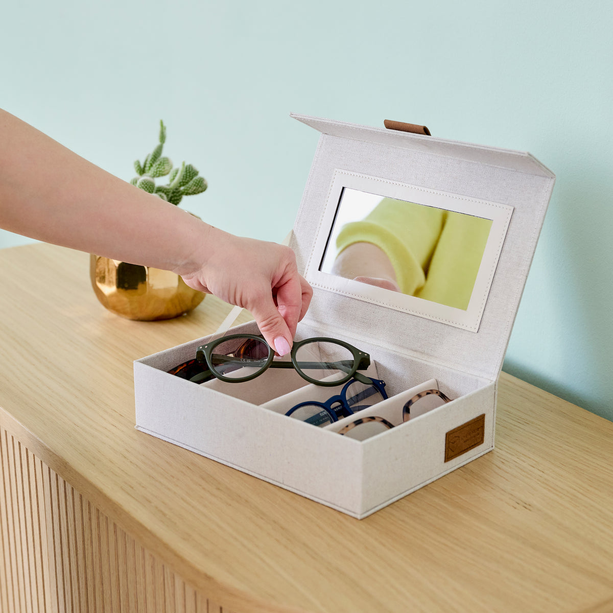 Brillenbox mit Spiegel, 4 Fächer – PREMIUM NATUR
