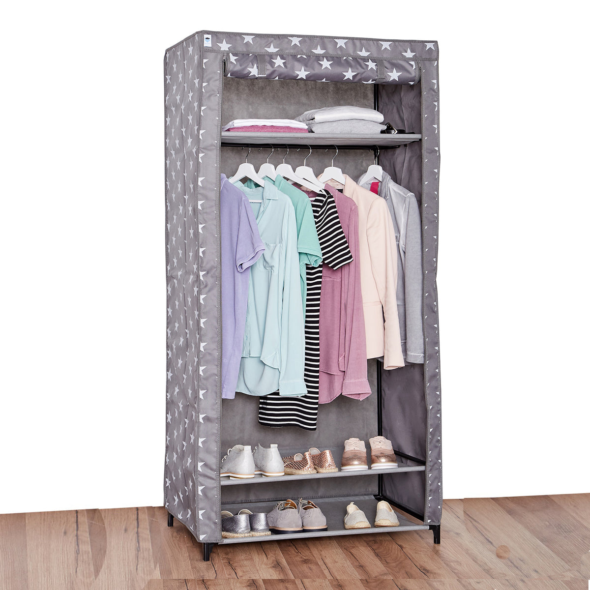 Stoffschrank mit Kleiderstange und Ablagefach, Stern, 80 x 50 x 175 cm