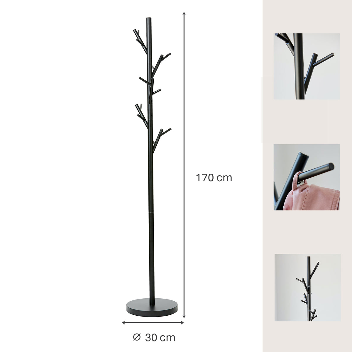 Garderobenständer aus Metall mit 15 Haken, schwarz, Höhe 170 cm