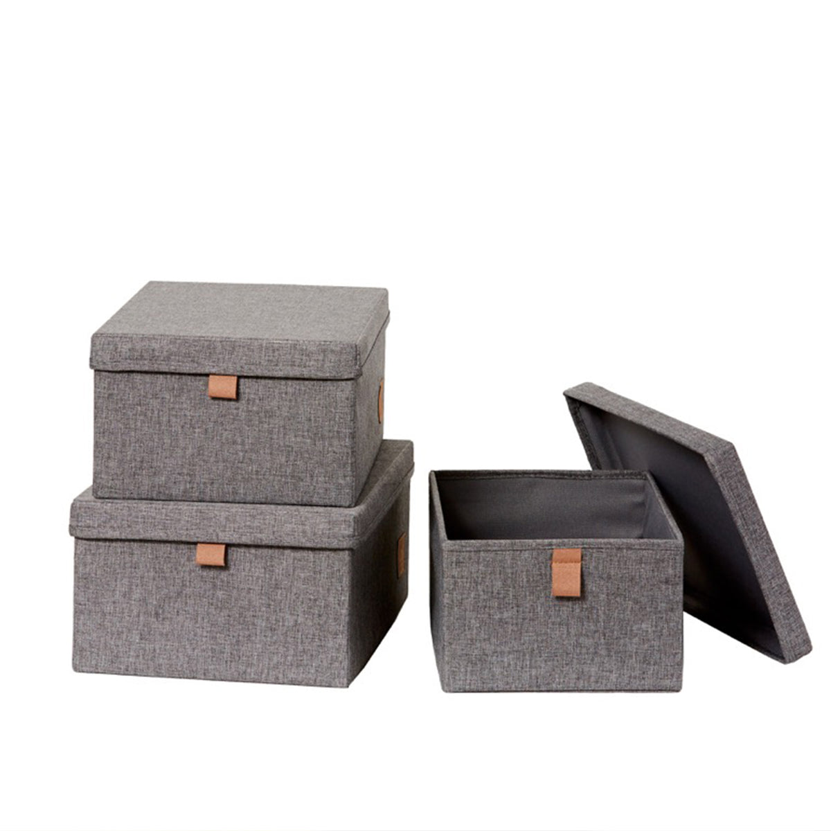 Aufbewahrungsbox mit Deckel Stoff 3er Set – PREMIUM GRAU