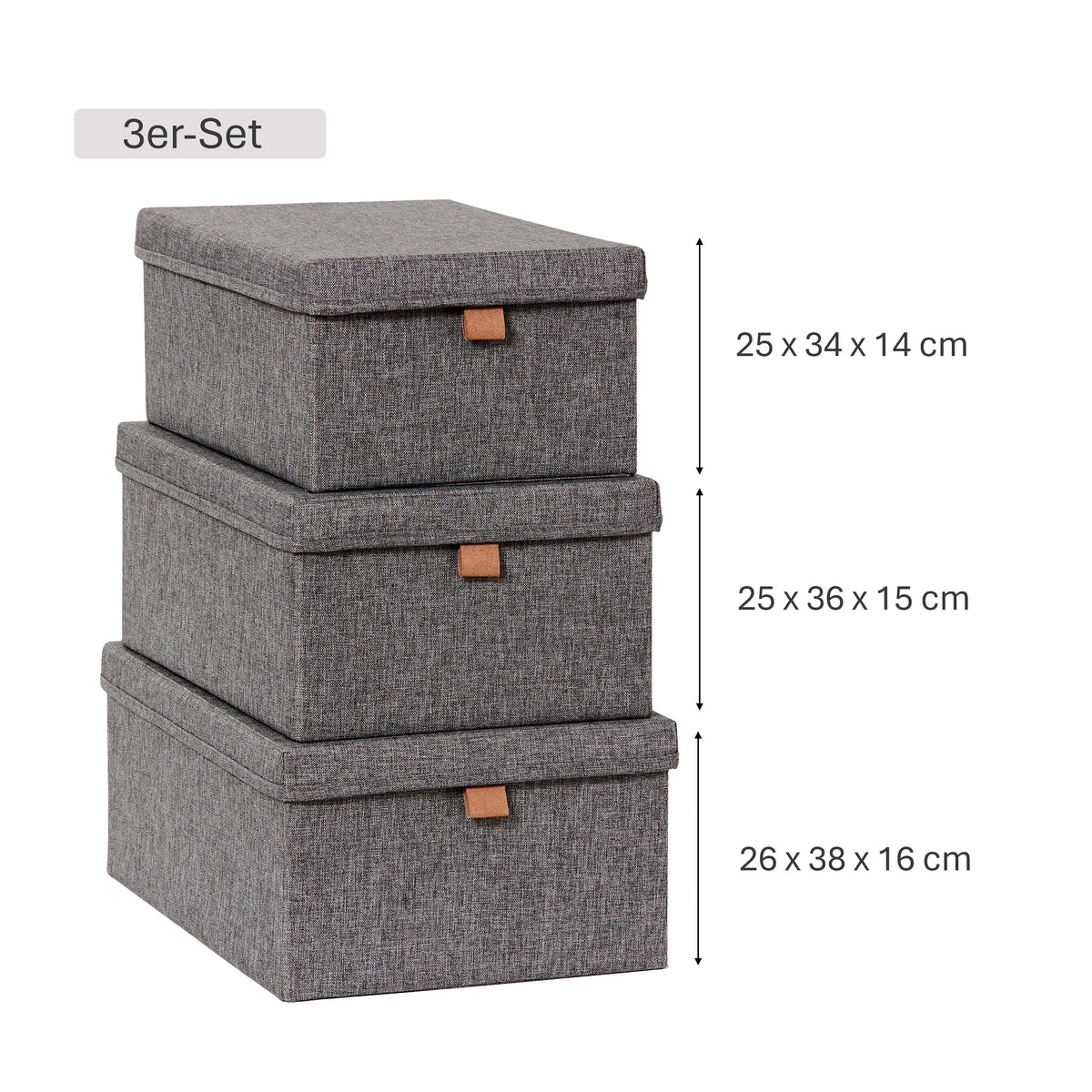 Aufbewahrungsbox mit Deckel Stoff 3er Set – PREMIUM GRAU