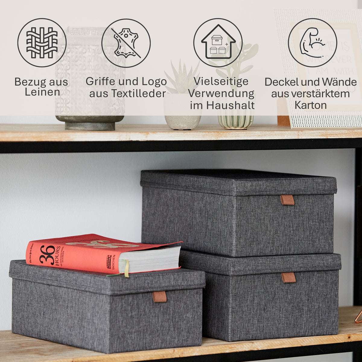Aufbewahrungsbox mit Deckel Stoff 3er Set – PREMIUM GRAU