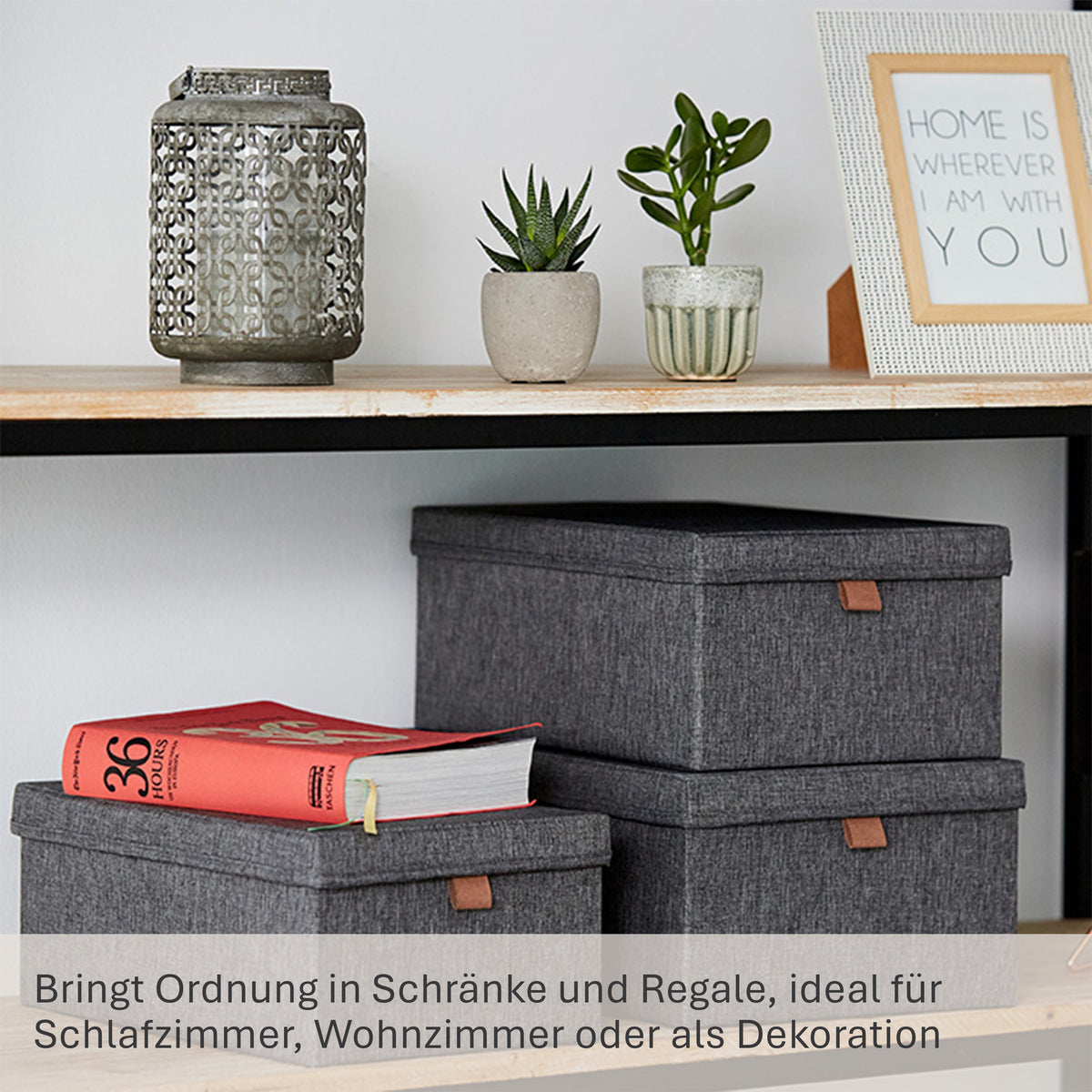 Aufbewahrungsbox mit Deckel Stoff 3er Set – PREMIUM GRAU