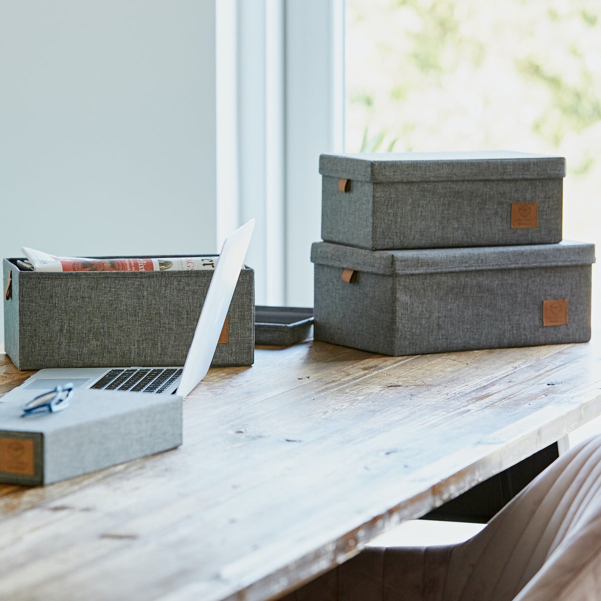 Aufbewahrungsbox mit Deckel Stoff 3er Set – PREMIUM GRAU