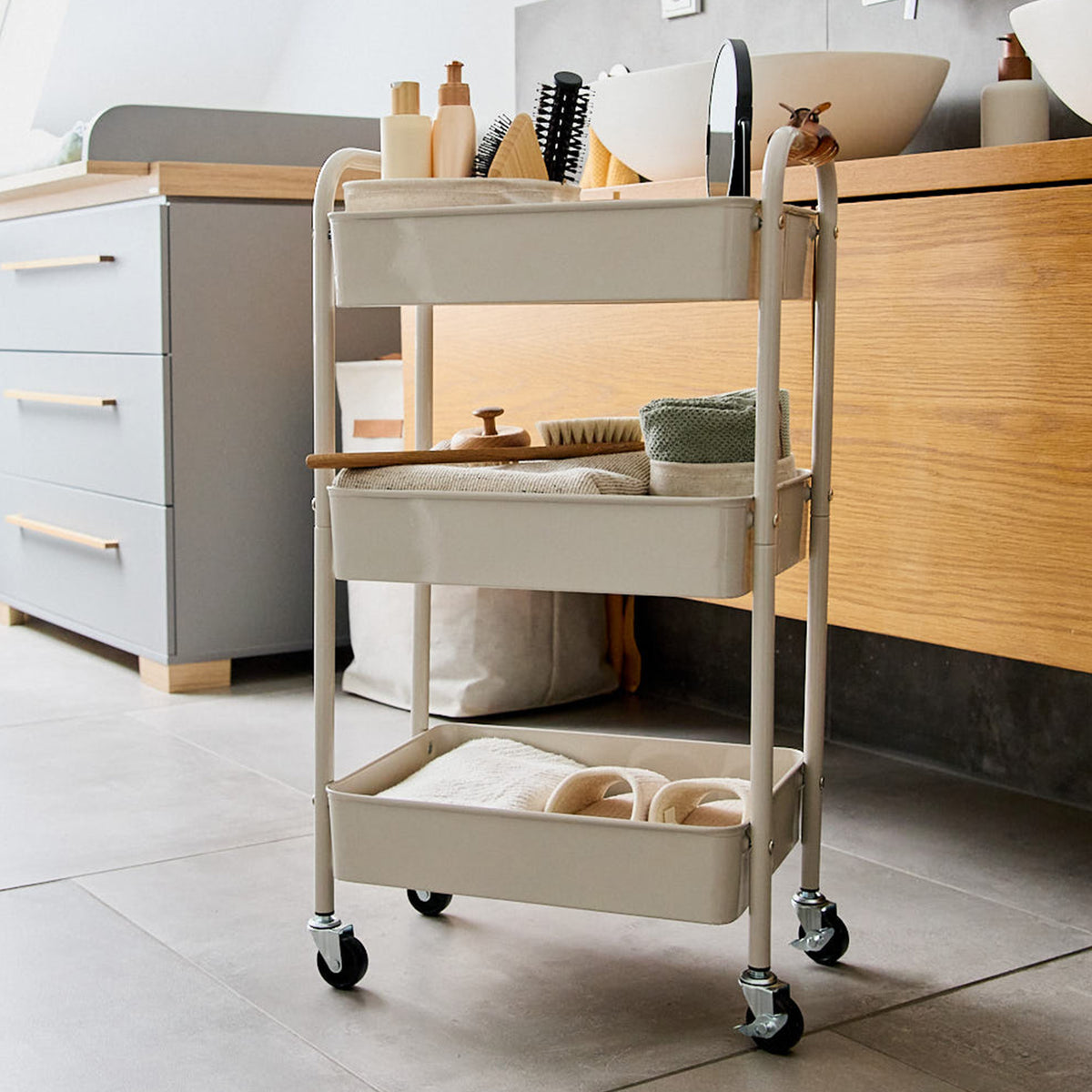 Rollwagen aus Metall, greige, 44x30,5x78 cm