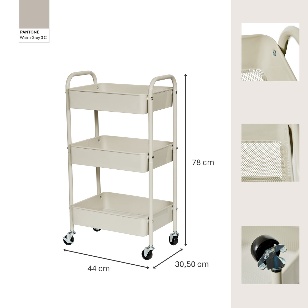 Rollwagen aus Metall, greige, 44x30,5x78 cm