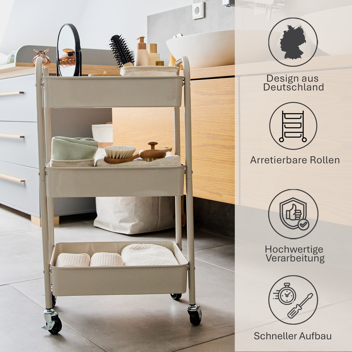 Rollwagen aus Metall, greige, 44x30,5x78 cm