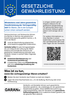 Gesetzliche Gewährleistung: mindestens 2 Jahre
