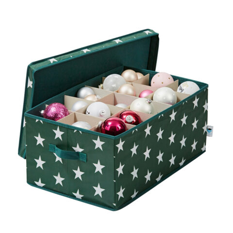 Weihnachtskugelbox grün mit weißen Sternen und 2 Ebenen